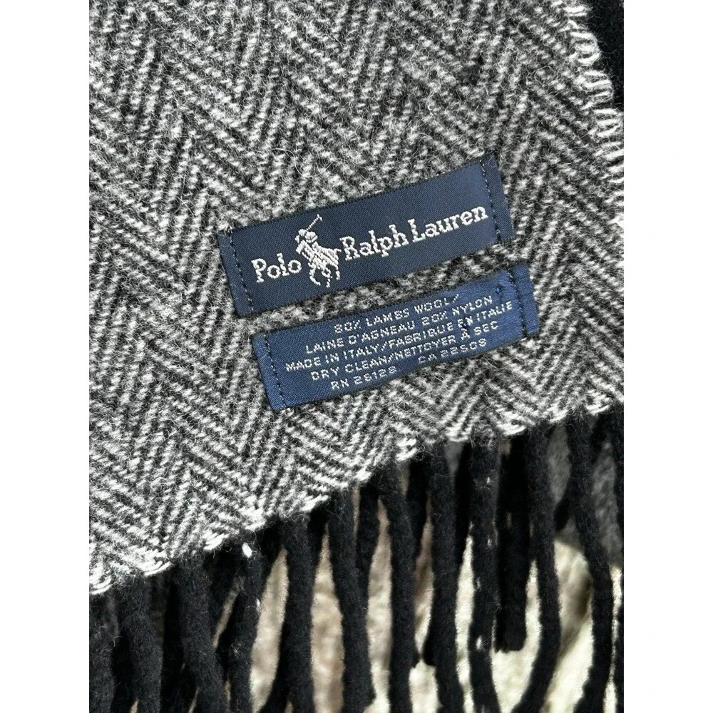 Polo Ralph Lauren Lambswool Scarf Grey Black Plaid Fringe Preppy Heritage Italy